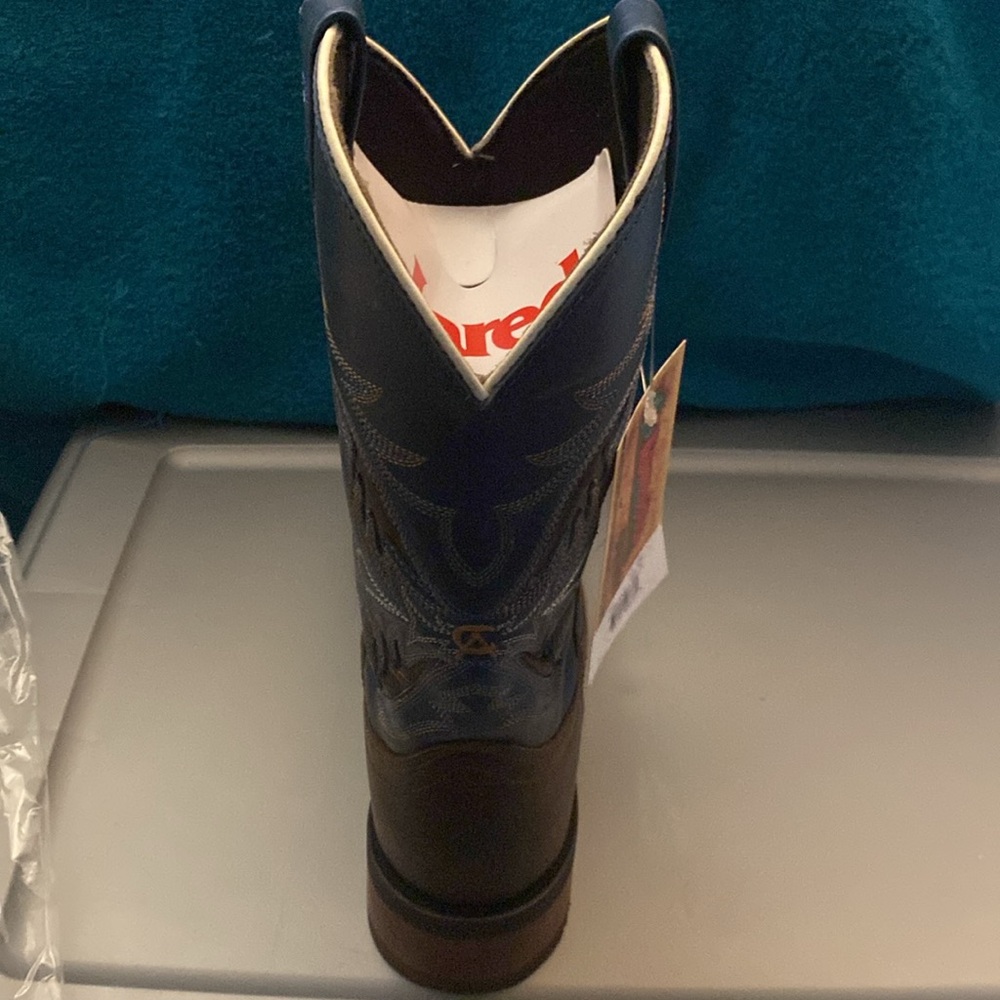 LAREDO MEN'S RUST SHLDR PRT/Navy BS BLUE LEATHER COWBOY BOOTS 7459 - Picture 12 of 17